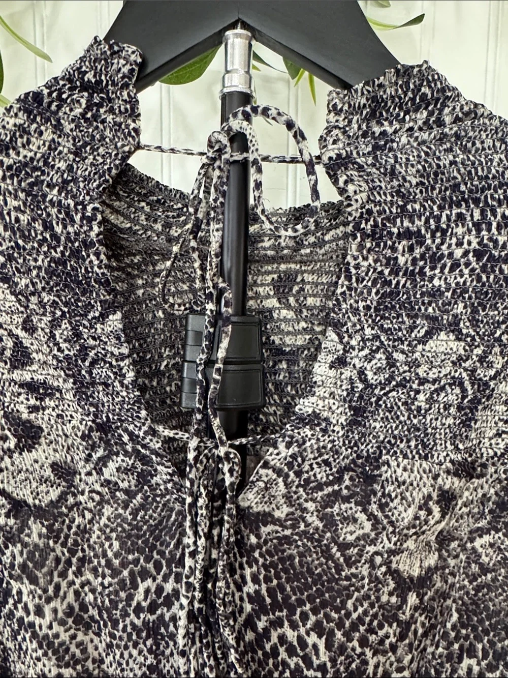 #595 FREE PEOPLE Roma Sheer Smocked-Neck Animal Print Blouse - Black & White